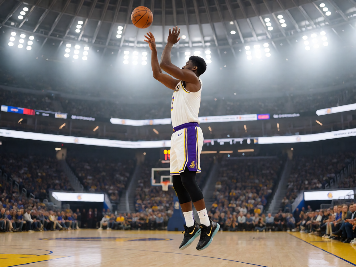 NBA篮球比赛现场，球员跳投得分瞬间